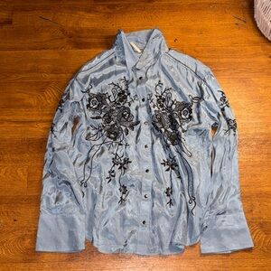 Free People Light Blue Floral Embroidered Blouse